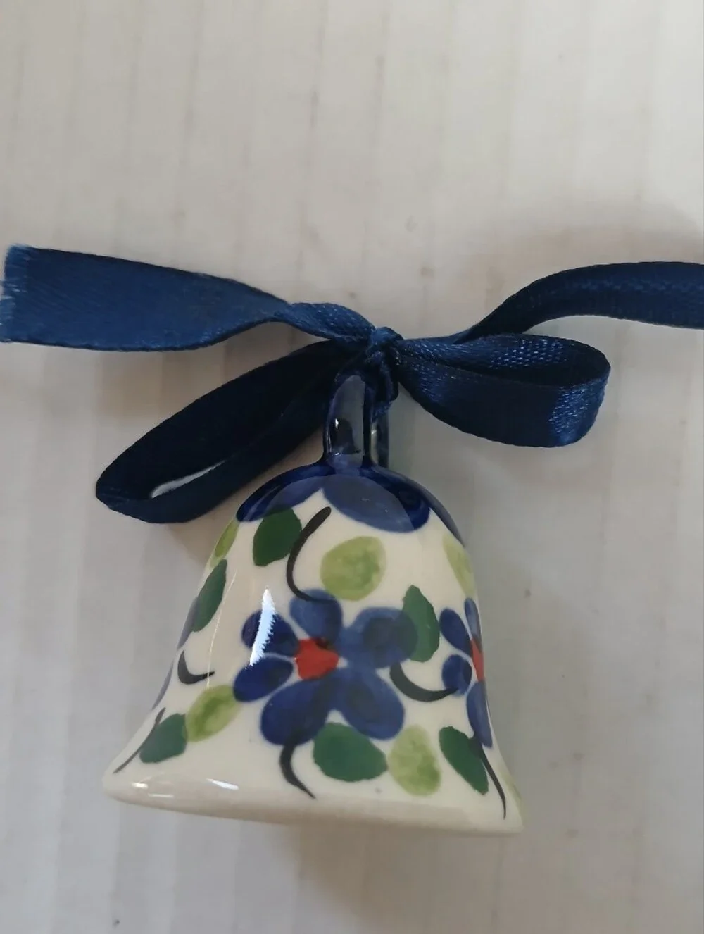 Hand-Painted Ceramic Bell Polish Pottery Floral Blue Ribbon With Clapper 2